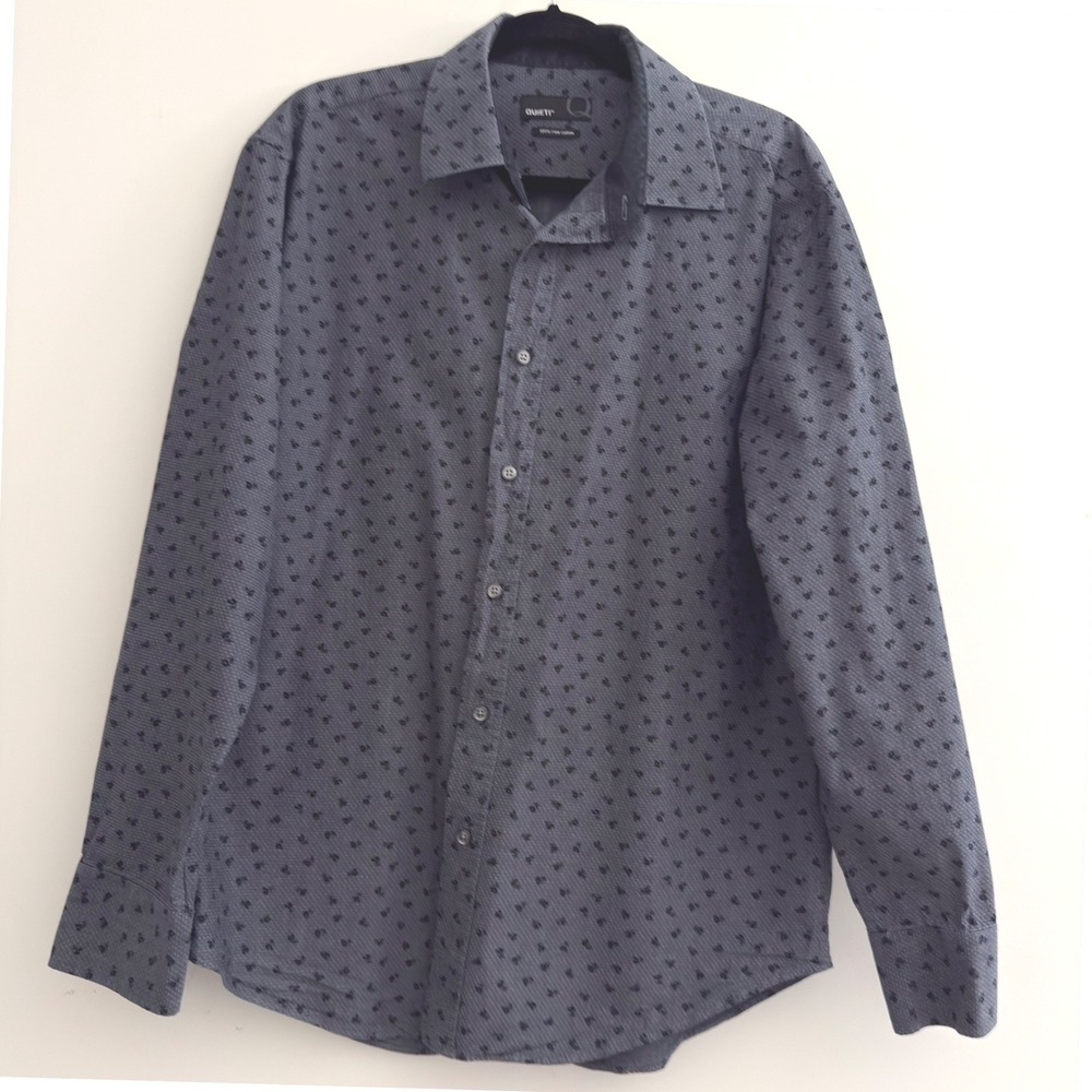 Quieti Mens Large Grey Black Micro Pattern 100% Fine Cotton Button Down Shirt